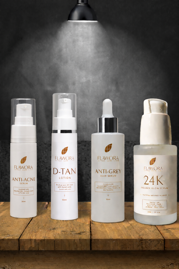 Anti Grey Hair Serum, D Tan Lotion, and Anti Acne Serum & 24K Gold Serum - Combo of 4