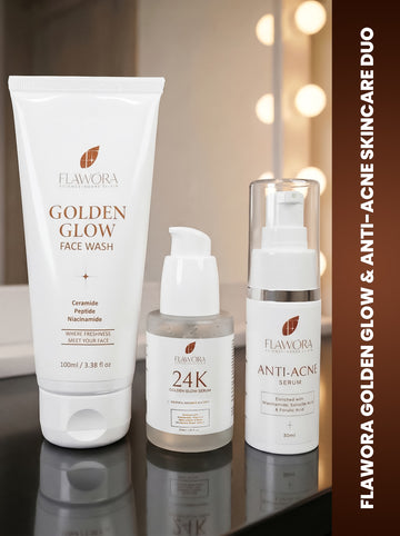 Set of Flawora Golden Glow Niacinamide Face Wash  - 100 ml and FLAWORA Anti Acne Serum for Open Pores-  30ml and  FLAWORA 24k Golden Glow Face Serum with vitamin C for Pigmentation, Anti-Aging and Brightening  Skin - 30 ml