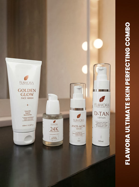 Set of Flawora Golden Glow Niacinamide Face Wash for skin Repair - 100 ml and FLAWORA Anti Acne Serum for Open Pores-  30ml and  FLAWORA 24k Golden Glow Face Serum  for Pigmentation, Anti-Aging - 30 ml and FLAWORA D-Tan Lotion for Tan Removal    - 50ml 