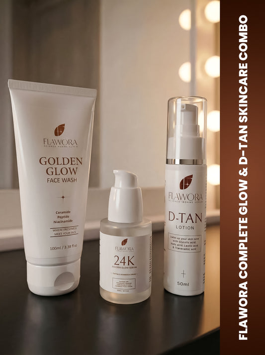 Set of Flawora Golden Glow Niacinamide Face Wash - 100 ml and FLAWORA D-Tan Lotion for Pigmentation & Tan Removal   - 50ml  and  FLAWORA 24k Golden Glow Face Serum with vitamin C for Pigmentation, Anti-Aging - 30 ml