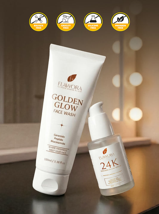Set of Flawora Golden Glow Niacinamide Face Wash for skin Repair, Hydration and Glow - 100 ml and FLAWORA 24k Golden Glow Face Serum with vitamin C for Pigmentation, Anti-Aging and Brightening  Skin - 30 ml