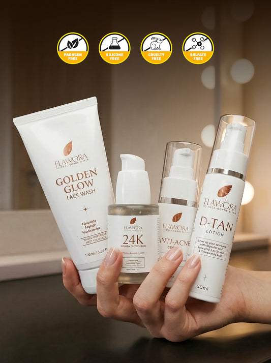 Set of Flawora Golden Glow Niacinamide Face Wash for skin Repair - 100 ml and FLAWORA Anti Acne Serum for Open Pores-  30ml and  FLAWORA 24k Golden Glow Face Serum  for Pigmentation, Anti-Aging - 30 ml and FLAWORA D-Tan Lotion for Tan Removal    - 50ml 