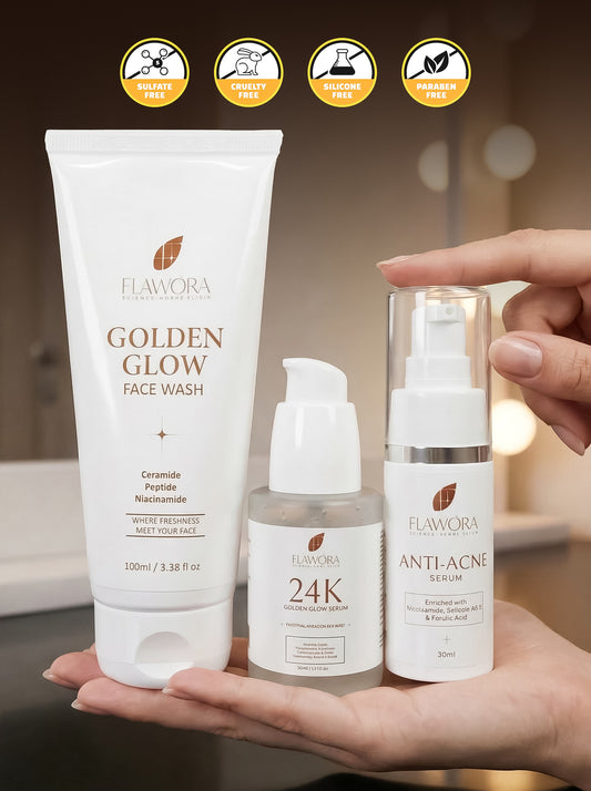 Set of Flawora Golden Glow Niacinamide Face Wash  - 100 ml and FLAWORA Anti Acne Serum for Open Pores-  30ml and  FLAWORA 24k Golden Glow Face Serum with vitamin C for Pigmentation, Anti-Aging and Brightening  Skin - 30 ml