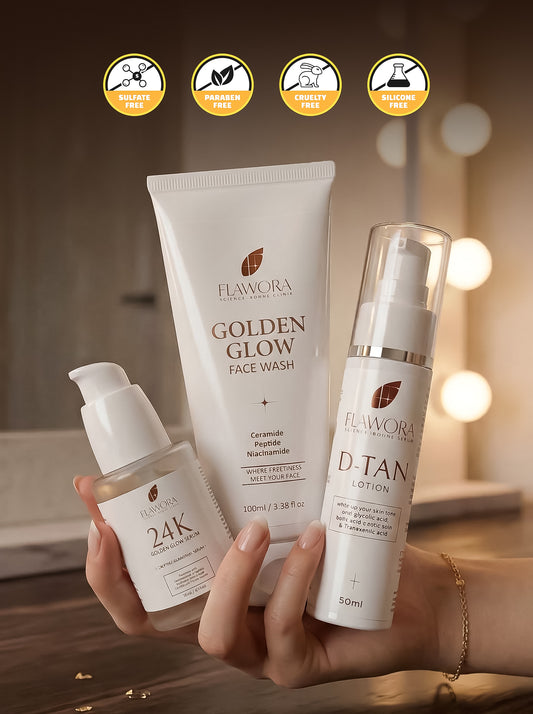 Set of Flawora Golden Glow Niacinamide Face Wash - 100 ml and FLAWORA D-Tan Lotion for Pigmentation & Tan Removal   - 50ml  and  FLAWORA 24k Golden Glow Face Serum with vitamin C for Pigmentation, Anti-Aging - 30 ml