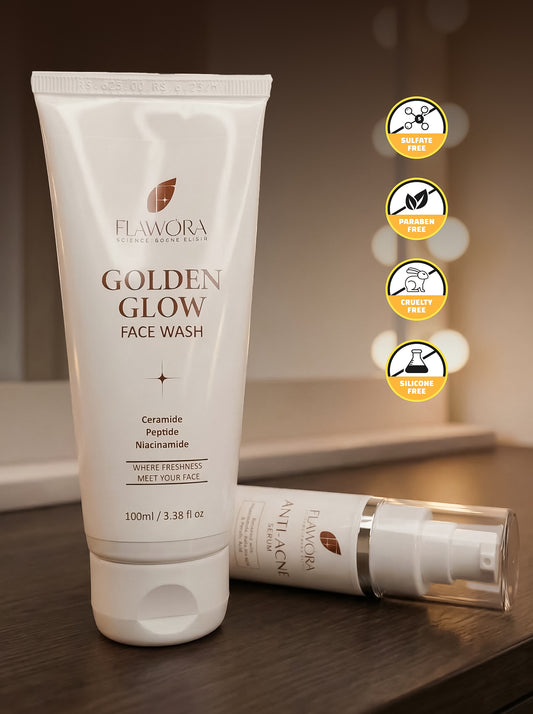 Set of Flawora Golden Glow Niacinamide Face Wash for skin Repair, Hydration and Glow - 100 ml and FLAWORA Anti Acne Serum for Face  to reduce Blackheads,  Open Pores, Excess Oil & Bumpy Texture-  30ml