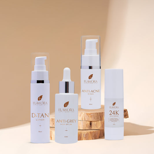Anti Grey Hair Serum, D Tan Lotion, and Anti Acne Serum & 24K Gold Serum - Combo of 4